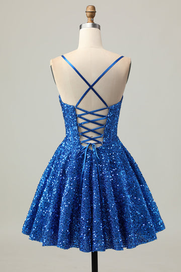 Sequins Dark Blue A Line Short Corset Homecoming Dress